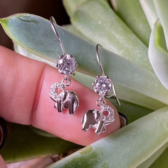 Cubic Zirconia Elephant Solid Sterling Silver Earrings - Picture 2 of 3